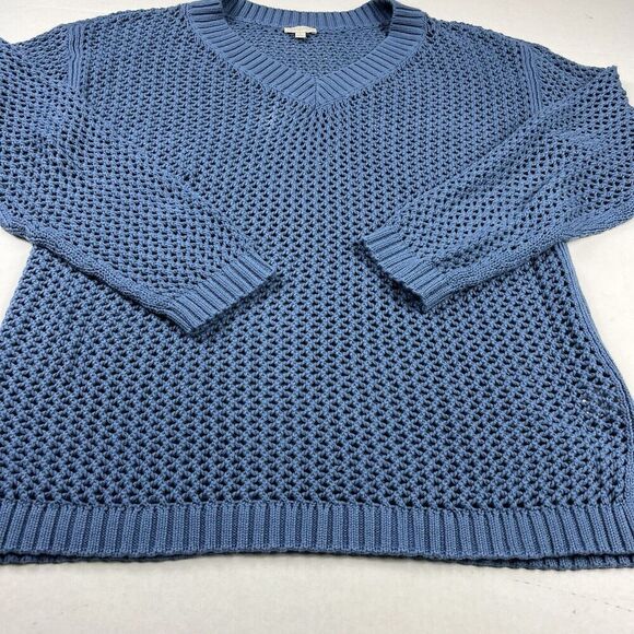 Talbots Open Knit Raglan Sweater Blue V-Neck Coastal Grandmother Pullover LARGE - Picture 2 of 10